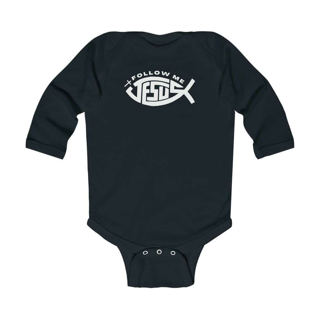 A Follow Me Jesus Long Sleeve Onesie for infants by Worlds Worst Tees. Black bodysuit with white logo, 100% cotton, smooth fabric, plastic snaps, ribbed knitting for durability. Classic fit, lightweight.