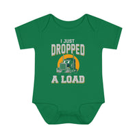 Infant green bodysuit with a truck graphic, lap shoulders for easy dressing, and soft ring-spun cotton for comfort. From Worlds Worst Tees, the I Just Dropped a Load Onesie offers a unisex fit and light fabric.