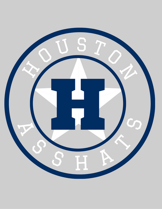Logo featuring a star and letter H on a blue and white background, embodying the Houston Asshats #9 Ash Hull Tee's relaxed fit in 100% ring-spun cotton. Durable double-needle stitching and seamless design for comfort.