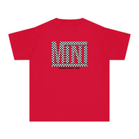Vans Mini Kids Tee: Red shirt with black and white checkered design. 100% combed ringspun cotton, light fabric, classic fit, ideal for active kids. Soft-washed, garment-dyed, perfect for study or play.