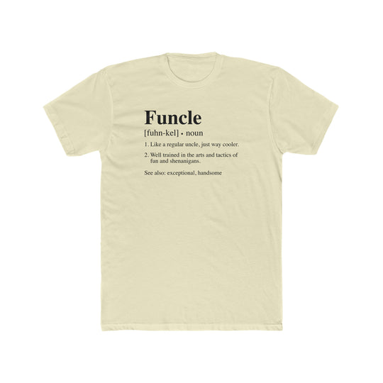 Funcle Tee: Premium fitted men’s t-shirt with ribbed knit collar, 100% combed cotton, and roomy fit. Ideal for workouts or daily wear. Sizes XS-4XL.