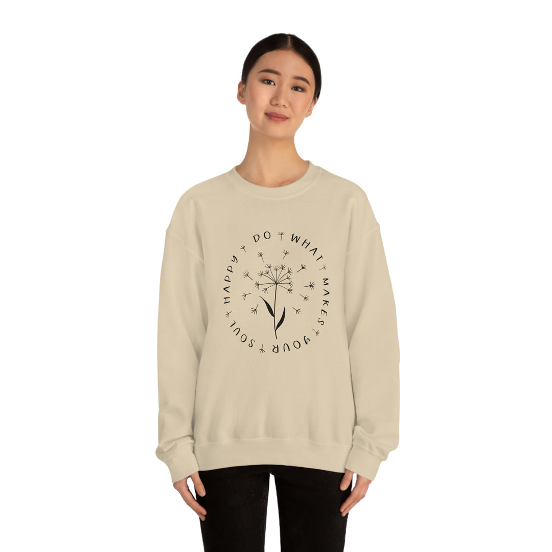 A unisex Happy Soul Crewneck sweatshirt in a loose fit, featuring ribbed knit collar, 50% cotton, 50% polyester blend, medium-heavy fabric, and sewn-in label. Comfortable, versatile, and fresh design.
