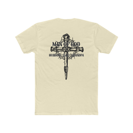 Relaxed fit Man of God Husband Dad Grandpa Tee in ring-spun cotton. Back graphic: cross with crown of thorns. Durable double-needle stitching, tubular shape. Medium weight, soft-washed, no side-seams.
