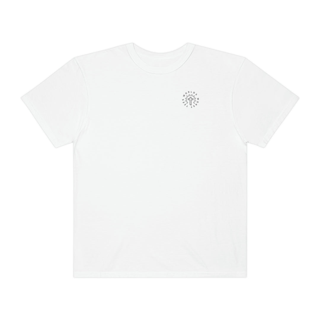 Blessed Mom Tee: White t-shirt with a logo cross, 100% ring-spun cotton, medium weight, relaxed fit, durable double-needle stitching, tubular shape.