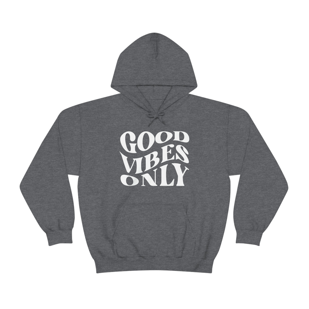 A grey hooded sweatshirt with Good Vibes Only text, a kangaroo pocket, and drawstring hood. Unisex heavy blend of cotton and polyester, medium-heavy fabric, classic fit. Ideal for warmth and comfort.