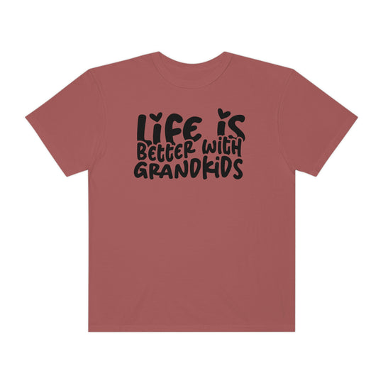 Life is Better With Grandkids Tee: Red shirt with black text, 100% ring-spun cotton, medium weight, relaxed fit, double-needle stitching for durability, no side-seams for tubular shape.