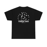 Unisex Fisher of Man Tee, black shirt with white fish logo. Classic fit, ribbed collar, no side seams, medium weight fabric. Sizes S-5XL. 100% cotton. Ideal for casual fashion.