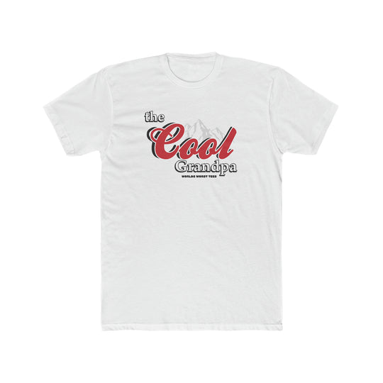 A relaxed fit white t-shirt with red text, made of 100% ring-spun cotton for ultimate comfort. Double-needle stitching ensures durability, while the lack of side-seams maintains a sleek silhouette. From Worlds Worst Tees, The Cool Grandpa Tee.