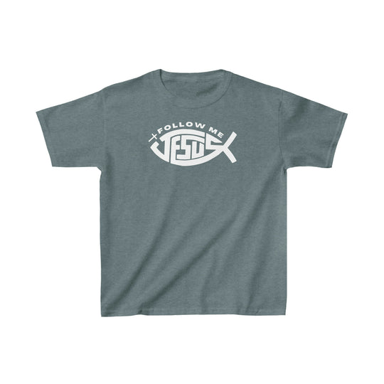 A kids' heavy cotton tee featuring a white logo on grey fabric. Made of 100% cotton, perfect for everyday wear. Durable twill tape shoulders, curl-resistant collar, and seamless sides. Jesus Follow Me Kids Tee by Worlds Worst Tees.