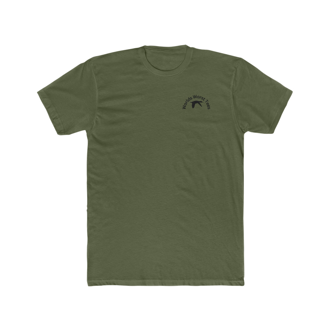 A premium Duck Duck Boom Tee for men, featuring a logo on a green t-shirt. Combed, ring-spun cotton with ribbed knit collar for a comfy, structured fit. Available in various sizes.