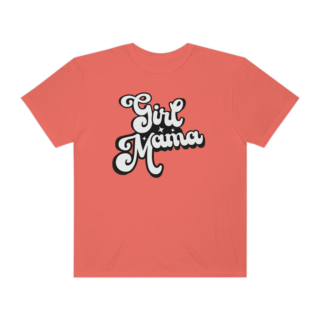 Girl Mama Tee: A red shirt with white text featuring a relaxed fit, 100% ring-spun cotton, and durable double-needle stitching. Soft-washed fabric for coziness, perfect for daily wear.