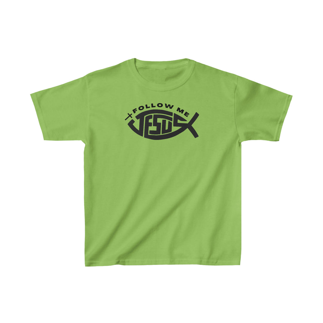 Kids Jesus Follow Me Tee: Green shirt with black design. 100% cotton, light fabric, classic fit. Perfect for everyday wear. Enhance durability with twill tape shoulders and curl-resistant collar.