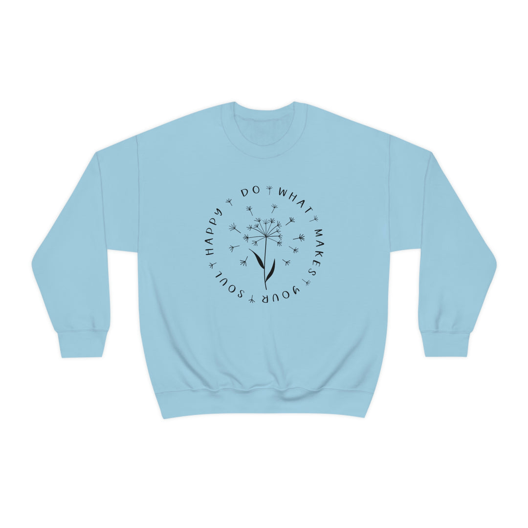 A blue sweatshirt featuring a dandelion design, the Happy Soul Crewneck. Unisex heavy blend, 50% cotton, 50% polyester, loose fit, ribbed knit collar, medium-heavy fabric, sewn-in label. Comfortable and stylish.