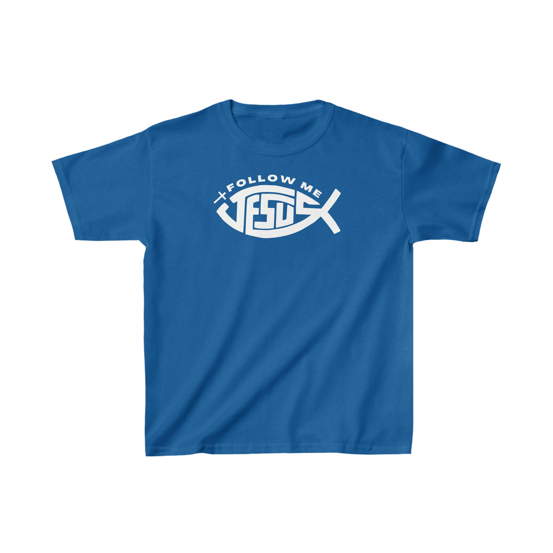 A kids heavy cotton tee featuring a fish design and white text. Made of 100% cotton, perfect for everyday wear. Ribbed collar, twill tape shoulders for durability, no side seams. Sizes XS to XL.