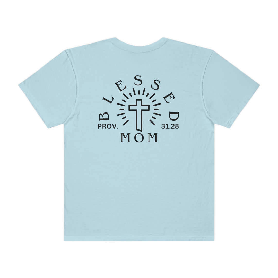Relaxed fit Blessed Mom Tee in light blue, featuring a cross design. 100% ring-spun cotton, garment-dyed for extra coziness. Durable double-needle stitching, no side-seams for a tubular shape.