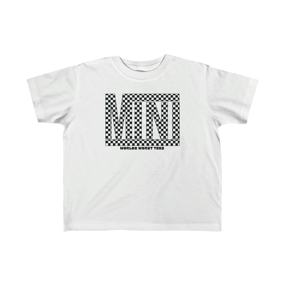 Vans Mini Toddler Tee: A white t-shirt with black and white checkered design, perfect for sensitive toddler skin. 100% combed, ring-spun cotton, light fabric, tear-away label, classic fit.