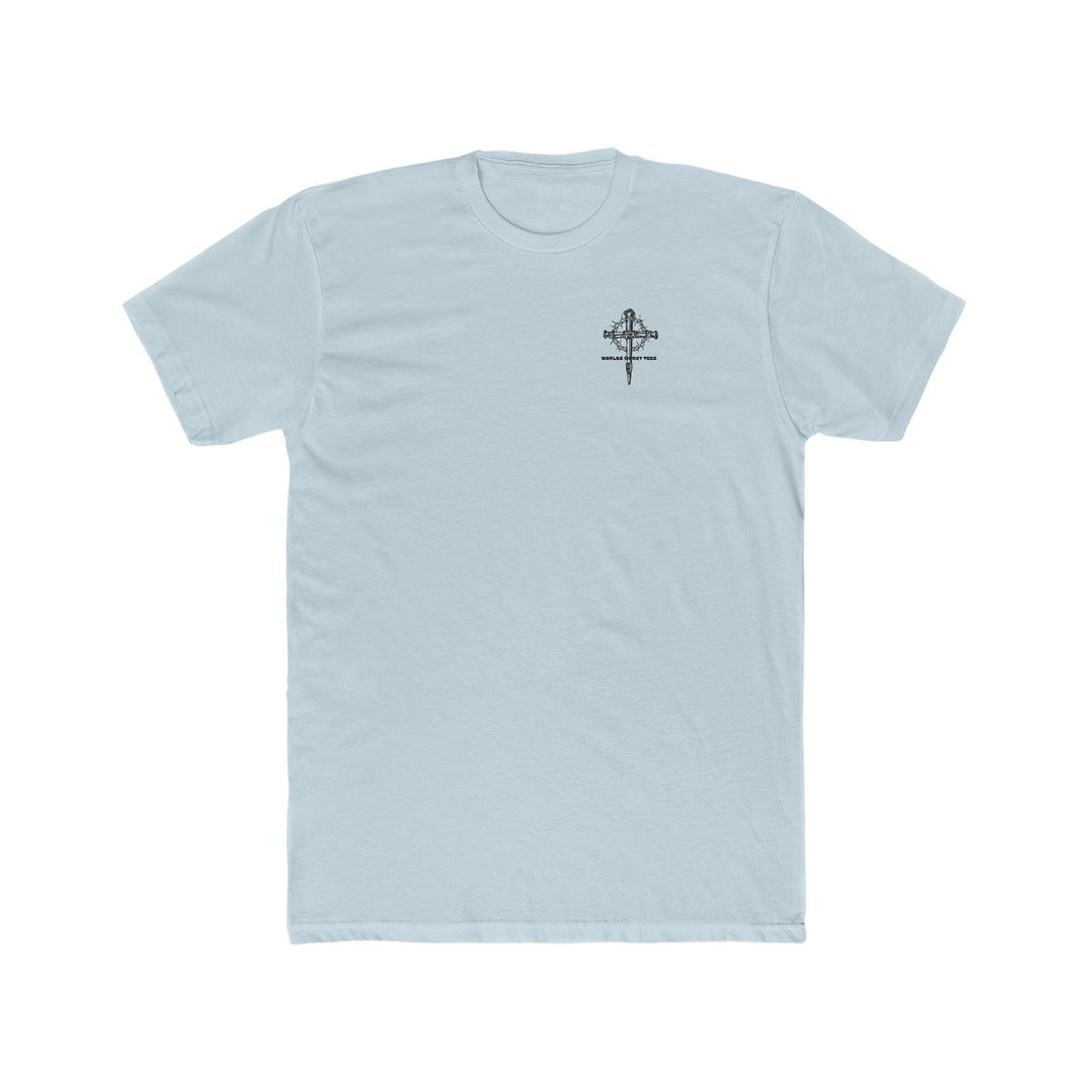 Relaxed fit Man of God Son Husband Dad Tee, white shirt with black cross and logo. 100% ring-spun cotton, durable double-needle stitching, no side-seams for tubular shape.
