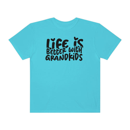 Life is Better With Grandkids Tee: A blue shirt with black text, 100% ring-spun cotton, medium weight, relaxed fit, durable double-needle stitching, tubular shape.