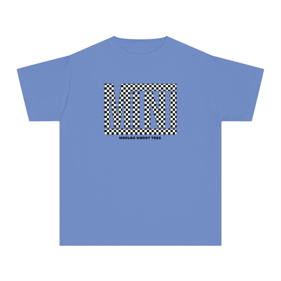 Vans Mini Kids Tee: A blue t-shirt with black and white checkered design. 100% combed ringspun cotton for comfort and agility. Perfect for active kids. Classic fit for all-day wear.