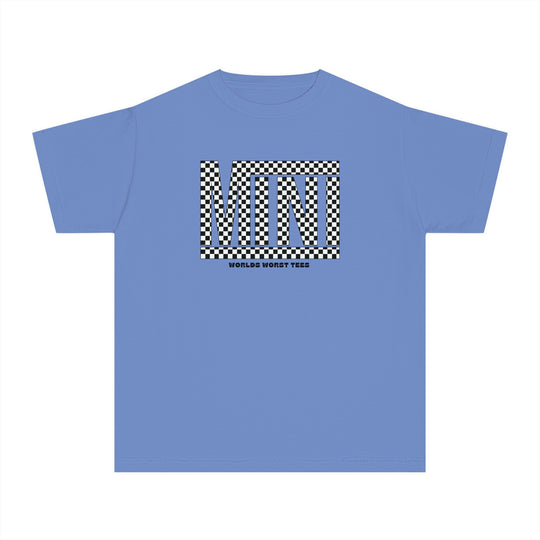 Vans Mini Kids Tee: A blue t-shirt with black and white checkered design. 100% combed ringspun cotton for comfort and agility. Perfect for active kids. Classic fit for all-day wear.