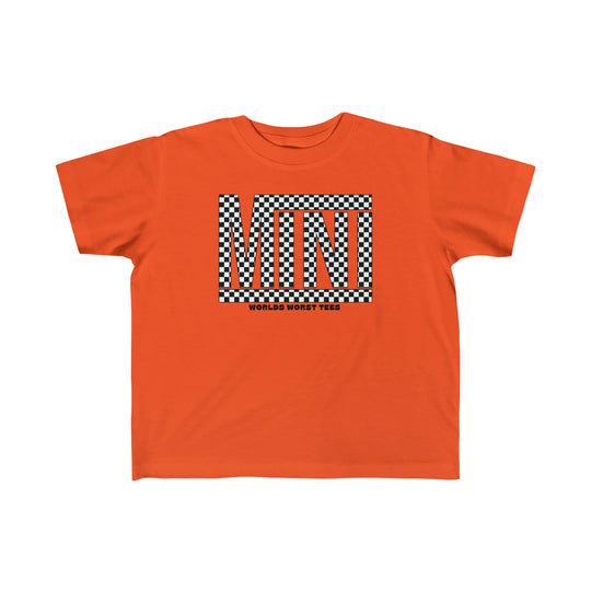 A Vans Mini Toddler Tee in orange with a black and white checkered design. Soft 100% combed cotton, light fabric, classic fit, perfect for sensitive skin. Ideal for toddlers' first adventures.