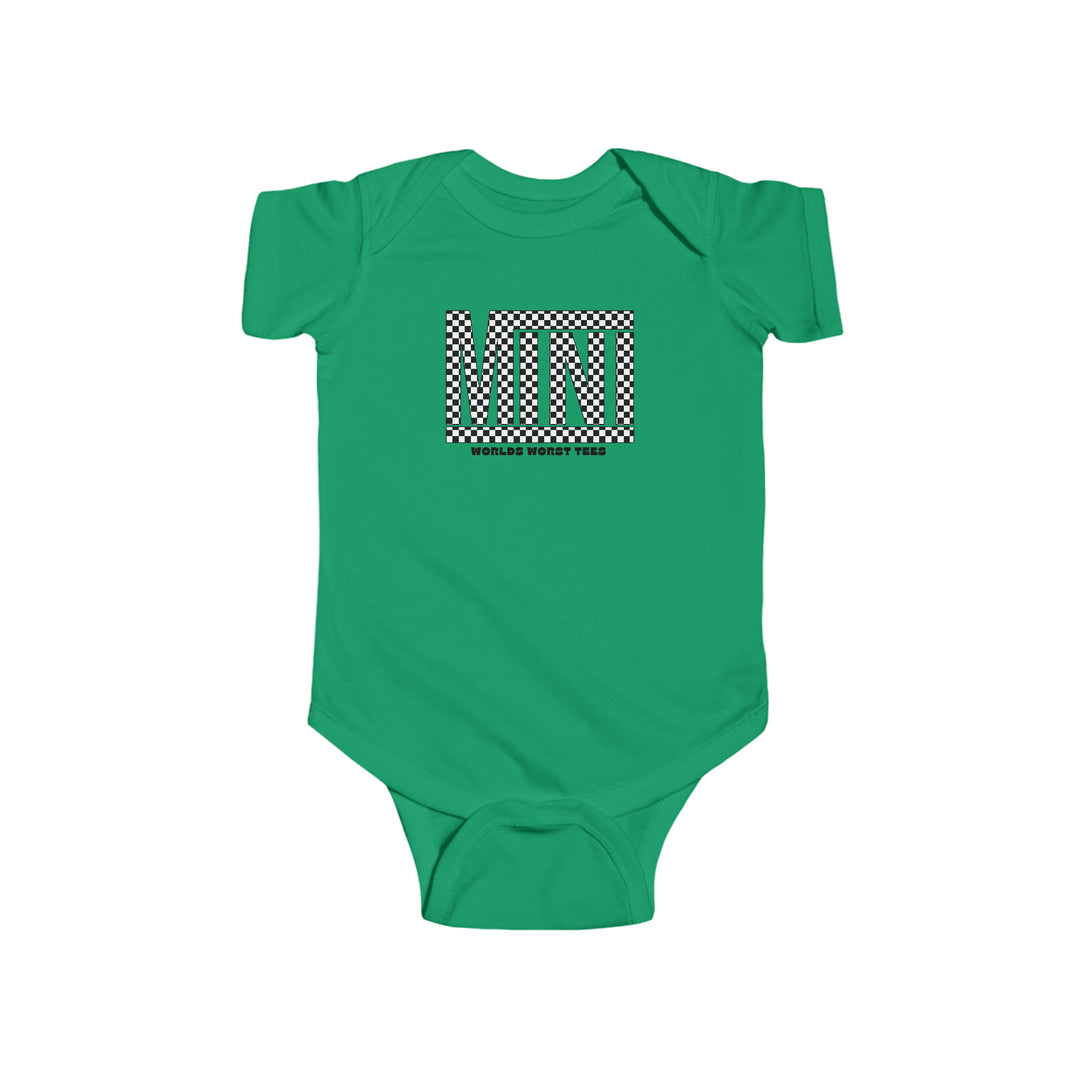 A durable and soft Vans Mini Onesie for infants, featuring a logo design on a green bodysuit. Made of 100% cotton, with ribbed bindings and plastic snaps for easy changing access. Ideal for 0-24M.