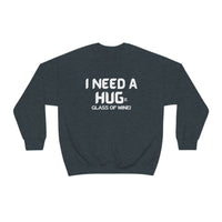 A unisex heavy blend crewneck sweatshirt featuring I Need A HUGe Glass of Wine design. Made of 50% cotton, 50% polyester, with ribbed knit collar and no itchy side seams. Medium-heavy fabric, loose fit, true to size.