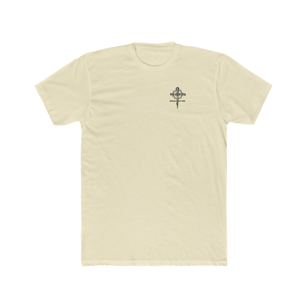 Relaxed-fit Man of God Son Husband Dad Tee, featuring a black cross with a crown of thorns graphic on a white garment-dyed t-shirt. 100% ring-spun cotton, durable double-needle stitching, and seamless design for comfort and style.