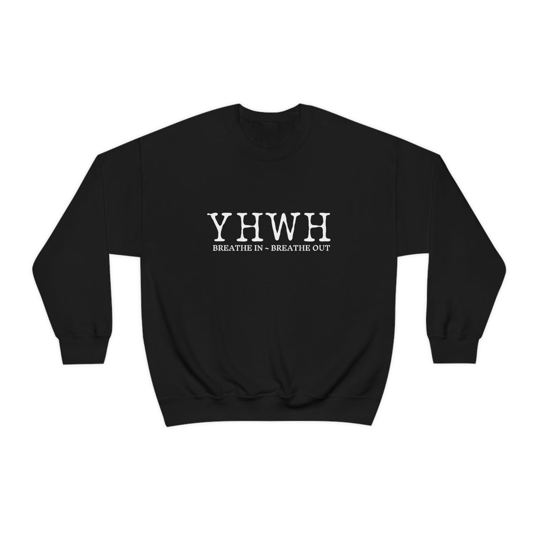 A unisex YHWH Crewneck sweatshirt, featuring ribbed knit collar for shape retention. Made of 50% cotton and 50% polyester blend, with no itchy side seams. Medium-heavy fabric, loose fit, and sewn-in label.