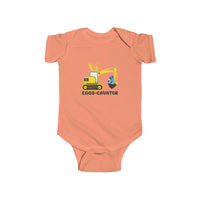 Infant fine jersey bodysuit featuring a bulldozer and bunny design, ideal for NB to 24M sizes. Durable 100% cotton fabric with ribbed knitting for lasting wear. Plastic snaps for easy changes.