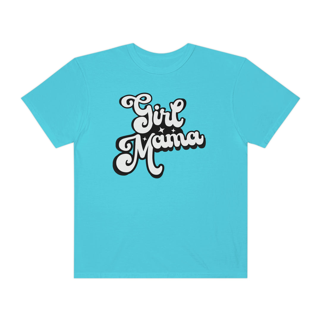 Girl Mama Tee: A blue shirt with white text featuring a cartoon character. 100% ring-spun cotton, medium weight, relaxed fit, durable double-needle stitching, no side-seams for a tubular shape.