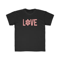 Youth black tee with pink flower and face design, Love Kids Tee. 100% soft cotton, light fabric, regular fit, ideal for young adventurers. Sizes: XS, S, M, L, XL.