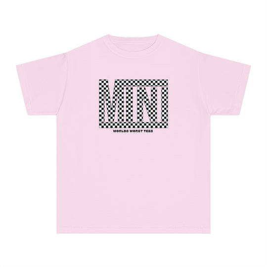 Vans Mini Kids Tee: Pink shirt with black & white checkered design. 100% combed ringspun cotton, soft-washed, garment-dyed, classic fit for all-day comfort. Ideal for active kids.