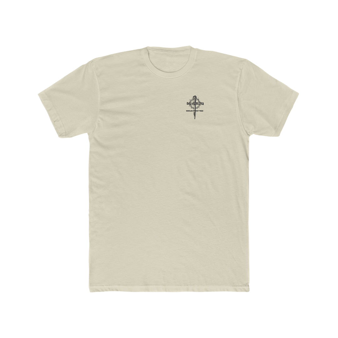Relaxed fit Man of God Son Husband Dad Tee, white shirt with cross and crown of thorns graphic. 100% ring-spun cotton, double-needle stitching, no side-seams for durability and comfort.