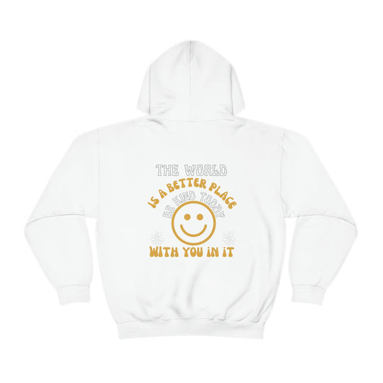 Unisex Be Kind Today Hoodie: White hoodie with yellow smiley face and text. Heavy blend of cotton and polyester, kangaroo pocket, classic fit, tear-away label. Ideal for comfort and warmth.