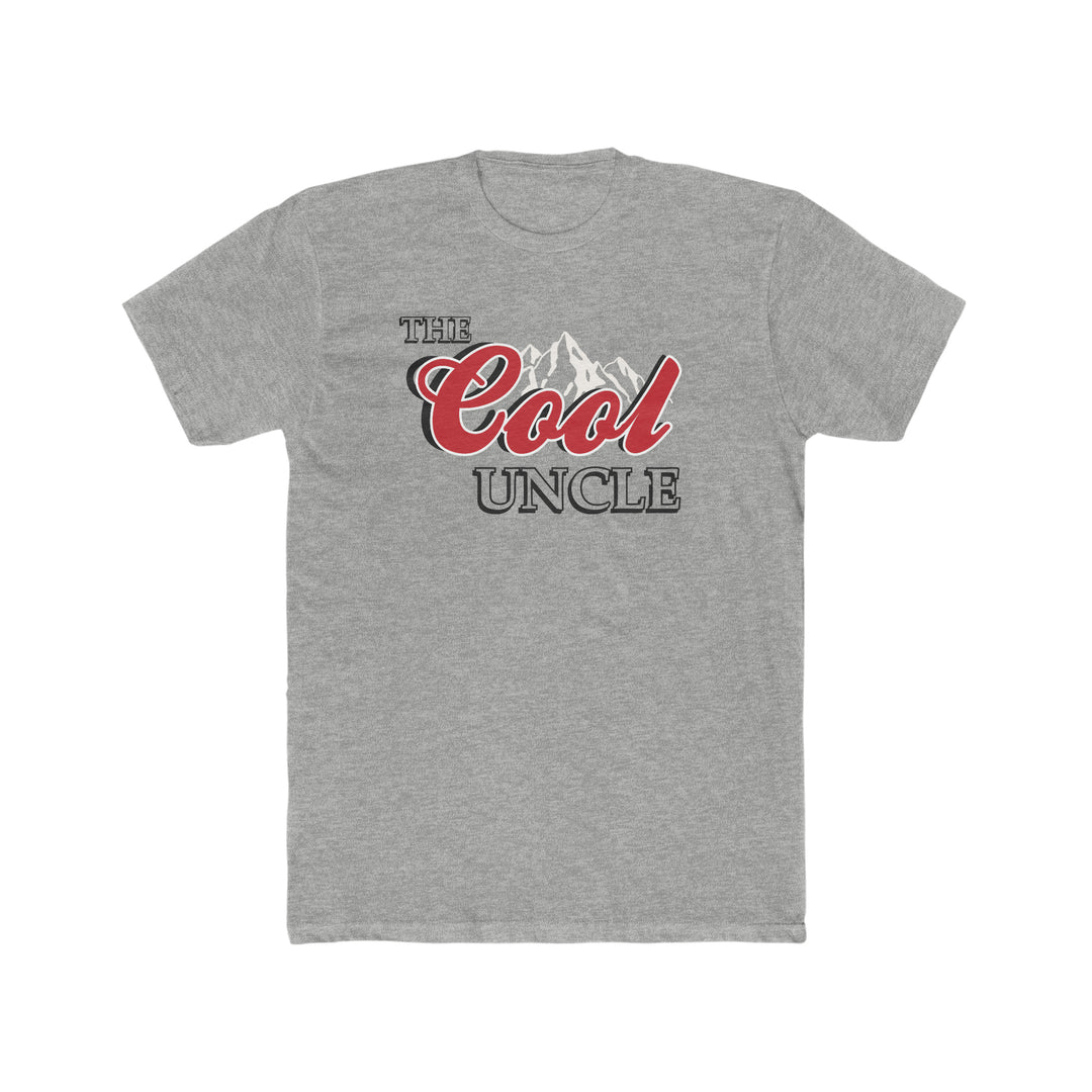 A premium fitted men’s tee, The Cool Uncle Tee, featuring a logo with mountains. Made of 100% combed cotton, light weight fabric, and a roomy fit. Ideal for workouts or daily wear.