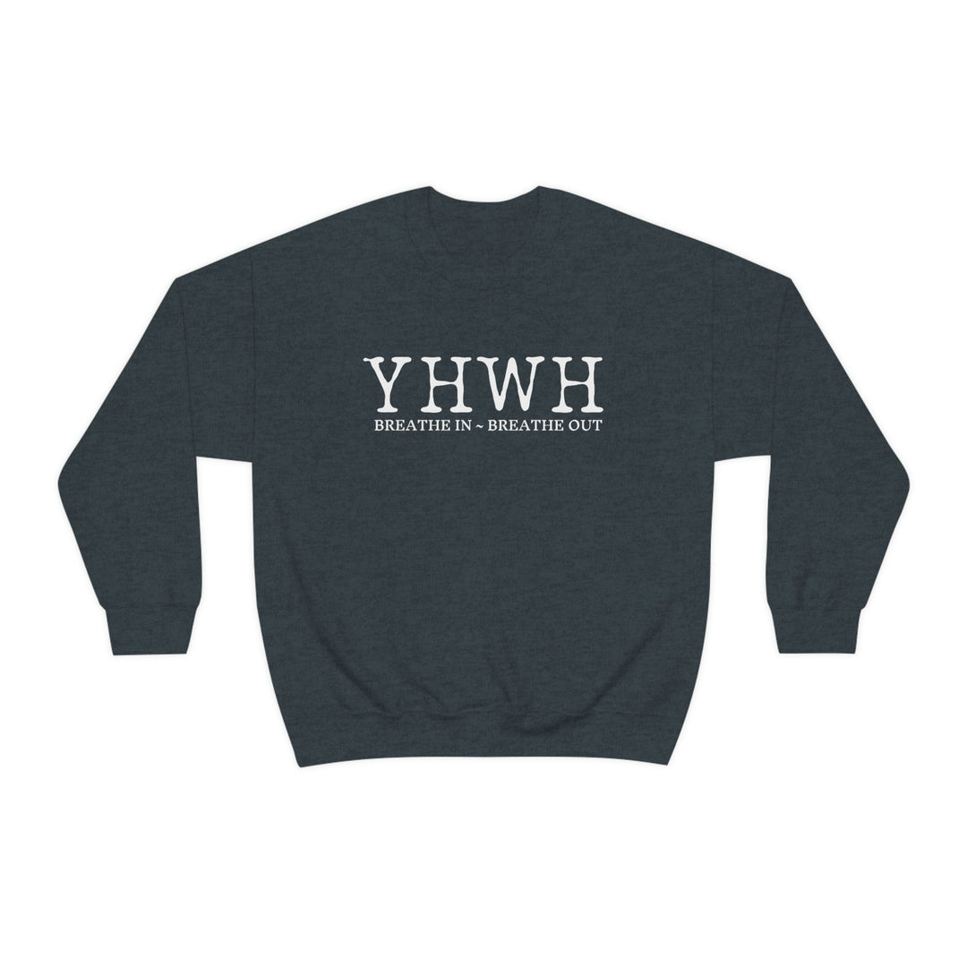 Unisex YHWH Crewneck sweatshirt with white text on black fabric. Heavy blend of polyester and cotton for comfort. Ribbed knit collar, no itchy seams. 50% cotton, 50% polyester, loose fit, sewn-in label.
