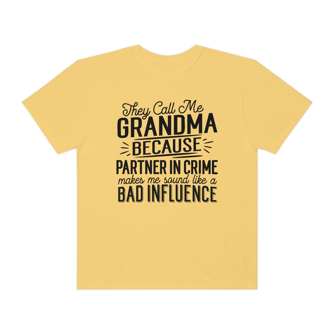 Grandma Tee: Yellow shirt with black text, 100% ring-spun cotton, relaxed fit, durable double-needle stitching, no side-seams for tubular shape. From Worlds Worst Tees.