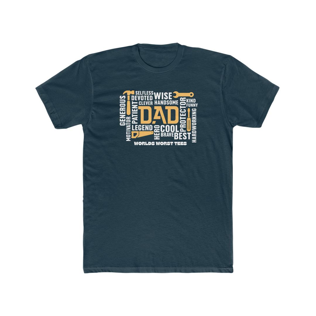 Relaxed fit All Dad All Day Tee, 100% ring-spun cotton, garment-dyed for coziness. Double-needle stitching, no side-seams for durability and shape retention. Sizes XS to 4XL.