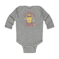 A baby bodysuit featuring a cartoon chicken, a bird with sunglasses, and a flower with a peace sign. Made of soft cotton, with plastic snaps for easy changing. From Worlds Worst Tees, known for unique graphic t-shirts.