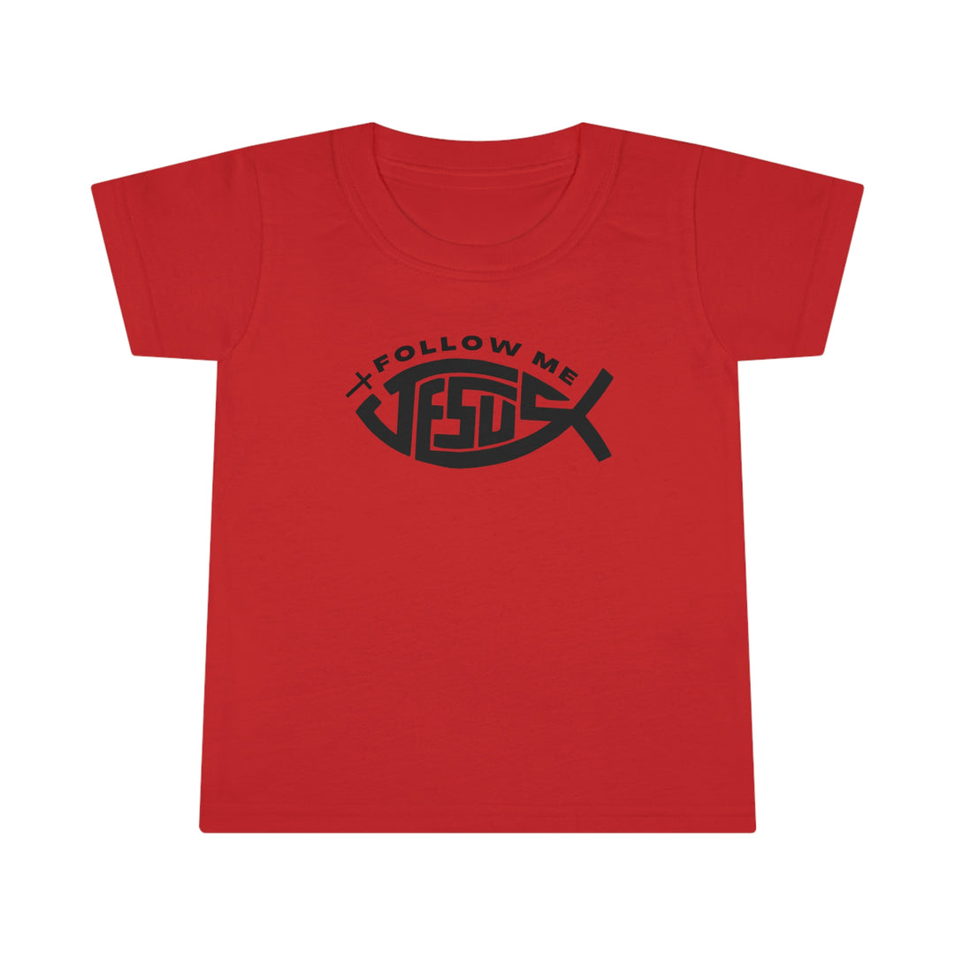 A toddler tee featuring a black text design on a red shirt. Classic fit with high stitch density, double-needle collar, sleeve, and bottom hems for durability. Made of 100% Ringspun cotton.