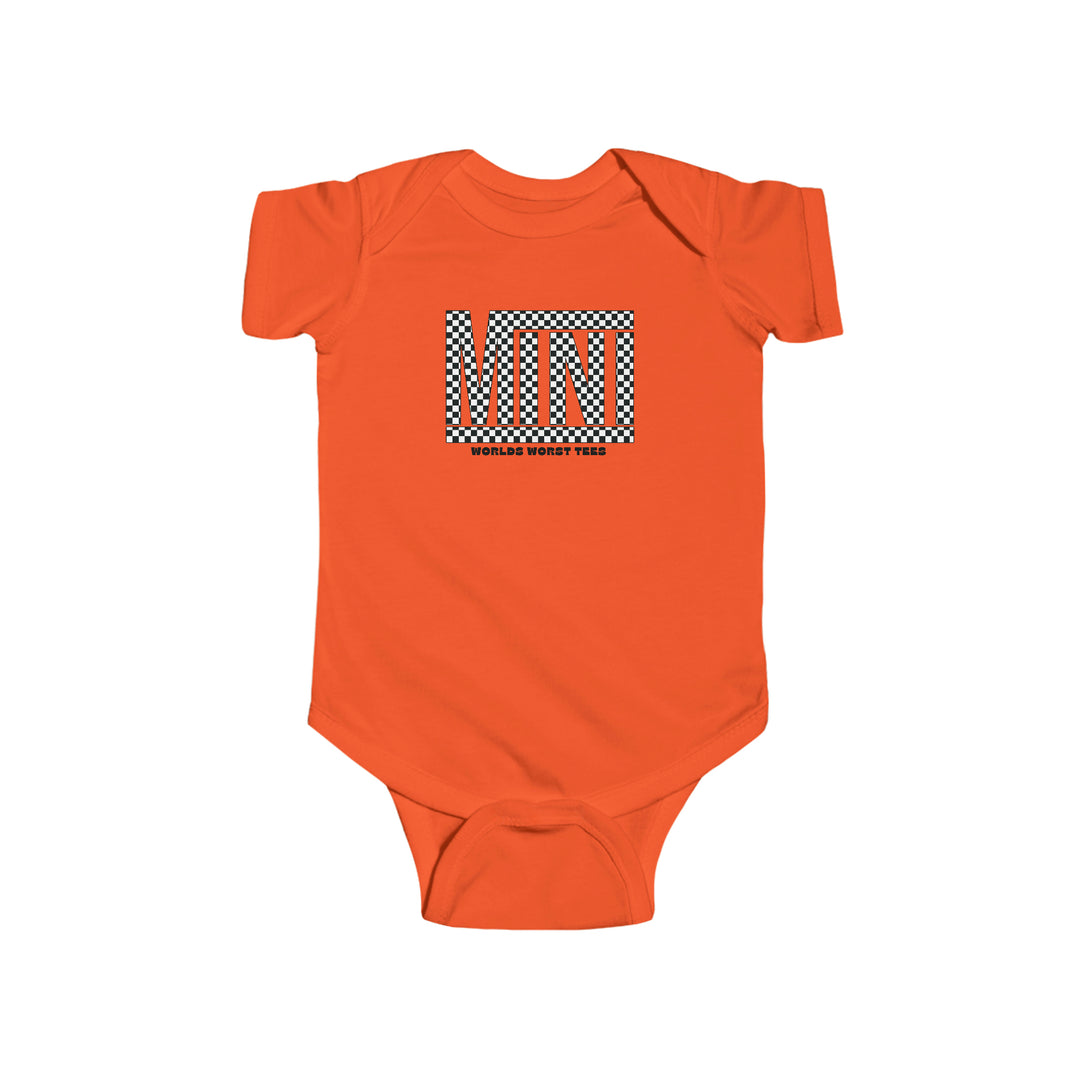 A Vans Mini Onesie infant bodysuit in orange with black and white checkered design. Made of 100% cotton, featuring ribbed knit bindings and plastic snaps for easy changing. Ideal for babies 0-24M.