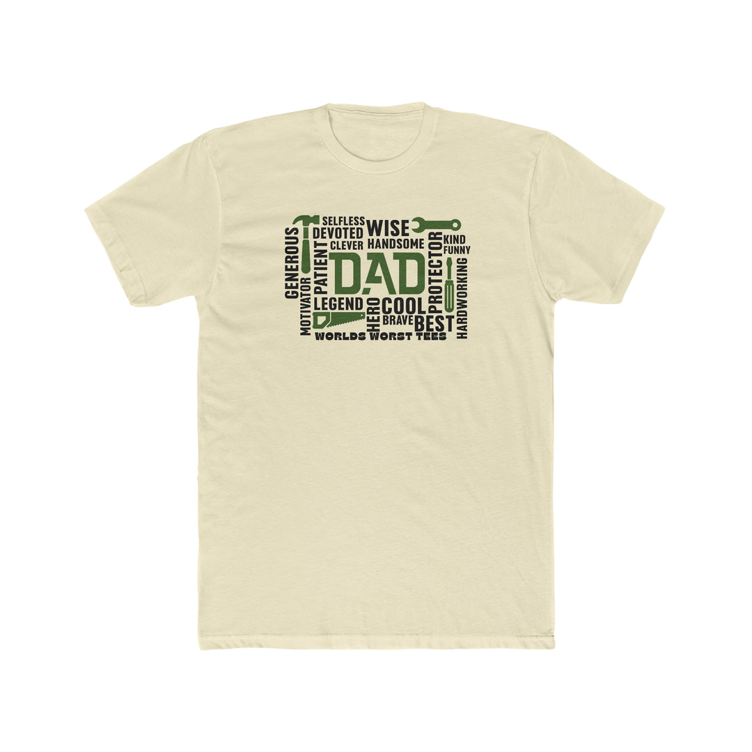 Relaxed fit All Dad All Day Tee, a white shirt with black text. 100% ring-spun cotton, medium weight, durable double-needle stitching, no side-seams for a tubular shape.