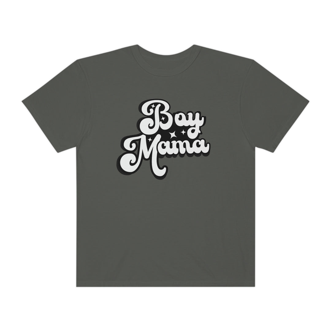 Relaxed fit Boy Mama Tee in grey with white text. 100% ring-spun cotton, soft-washed, and garment-dyed for coziness. Durable double-needle stitching, no side-seams for a tubular shape.