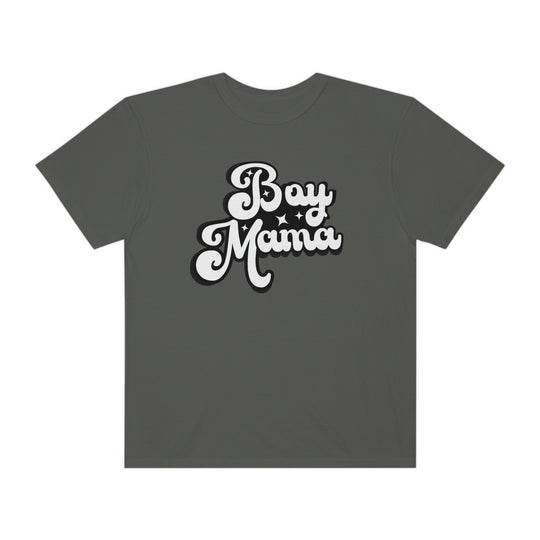 Relaxed fit Boy Mama Tee in grey with white text. 100% ring-spun cotton, soft-washed, and garment-dyed for coziness. Durable double-needle stitching, no side-seams for a tubular shape.