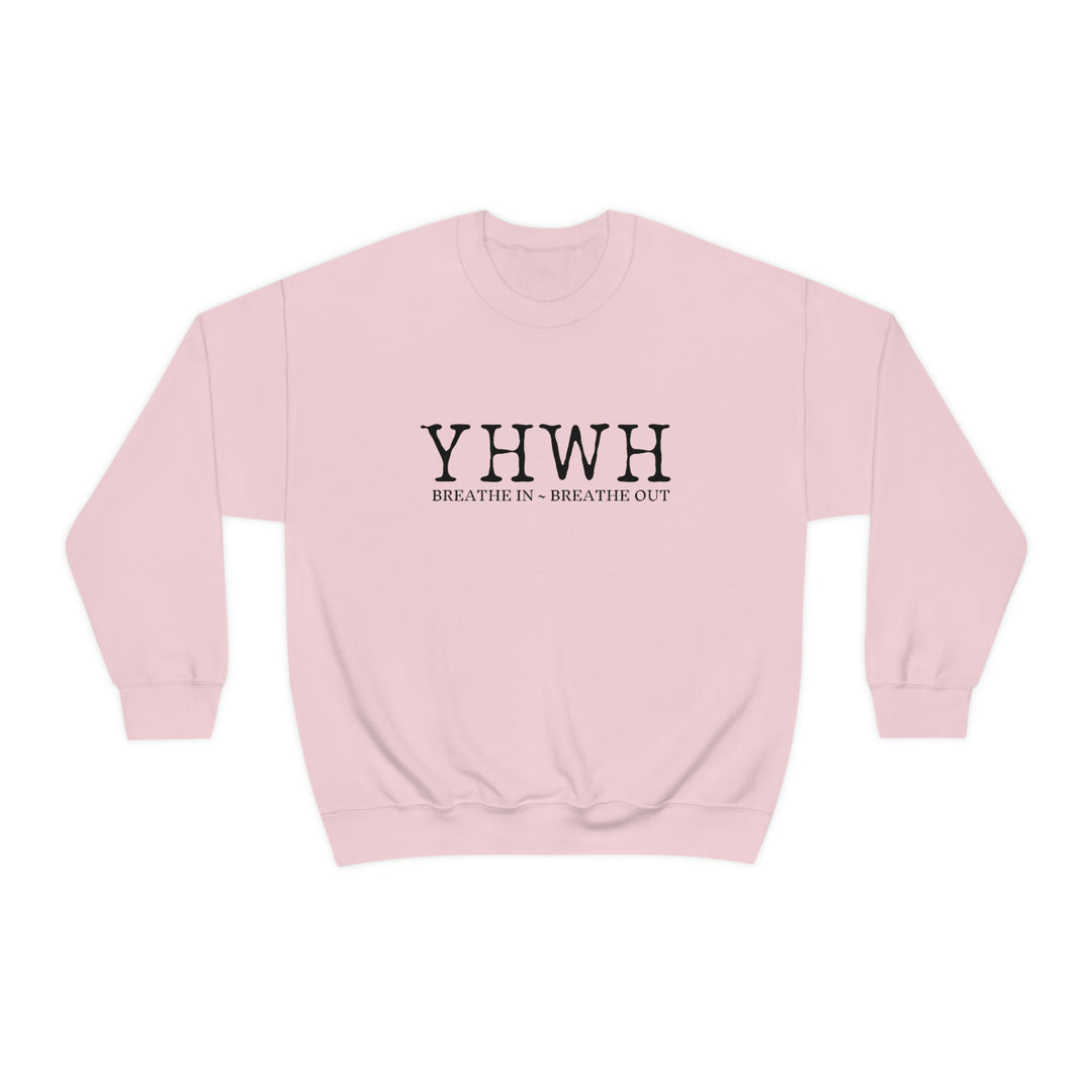 Unisex YHWH Crewneck sweatshirt, a blend of polyester and cotton, featuring ribbed knit collar for shape retention. Medium-heavy fabric, loose fit, no itchy seams. Ideal comfort for all.