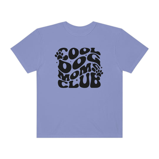 Cool Dog Mom's Club Tee: A black t-shirt featuring a paw print logo and text, made of 100% ring-spun cotton for a cozy feel. Relaxed fit with double-needle stitching for durability.