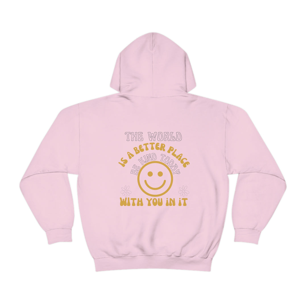 Unisex Be Kind Today Hoodie: Pink hoodie with smiley face and words. Cotton-polyester blend, kangaroo pocket, classic fit. Ideal for relaxation and printing. No side seams, drawstring hood.