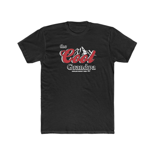 A relaxed fit black t-shirt with red and white text, featuring a logo with mountains. Made of 100% ring-spun cotton for coziness and durability. From Worlds Worst Tees, known for unique graphic t-shirts.