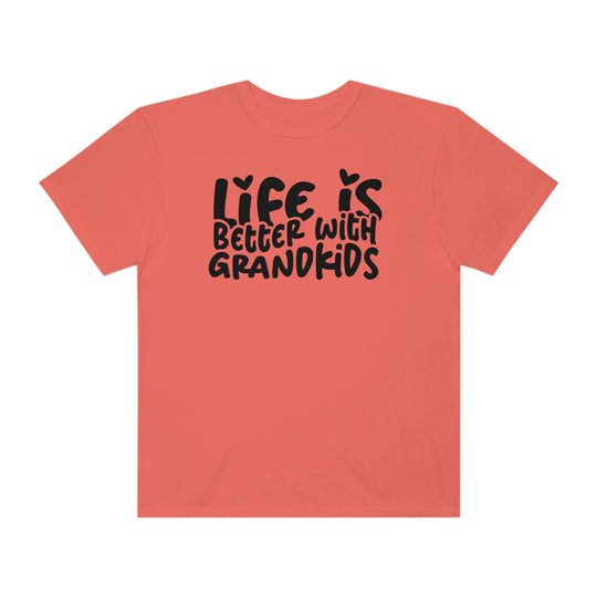 Life is Better With Grandkids Tee: Back view of a relaxed fit t-shirt with black text. 100% ring-spun cotton, garment-dyed for coziness, double-needle stitching for durability. No side-seams for a tubular shape.